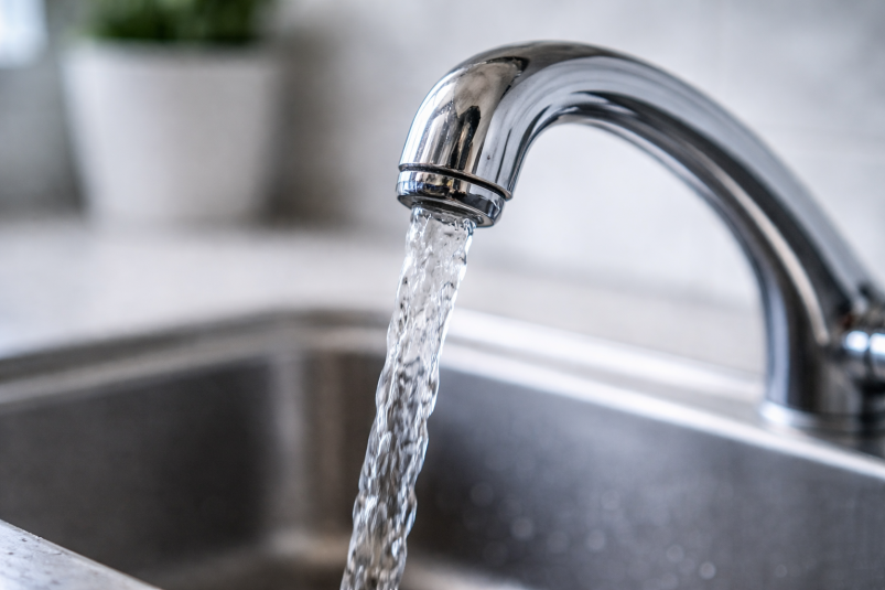 Water running from a household kitchen faucet into a sink. 