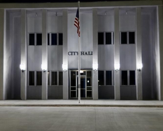 Front view of Lake City City Hall at night