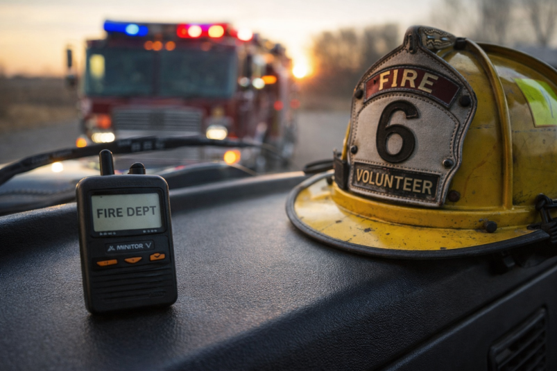 Volunteer firefighter helmet and pager in front of a fire truck with emergency lights. 