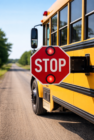 Illustration of a school bus stop arm with flashing red lights is extended along a rural roadway