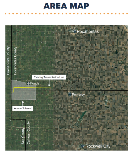 A colored map of the proposed Princess City Solar project site, overlayed on a satellite image of Pocahontas and Calhoun Counties. The project site is marked as southern Pocahontas and northern Calhoun Counties. 